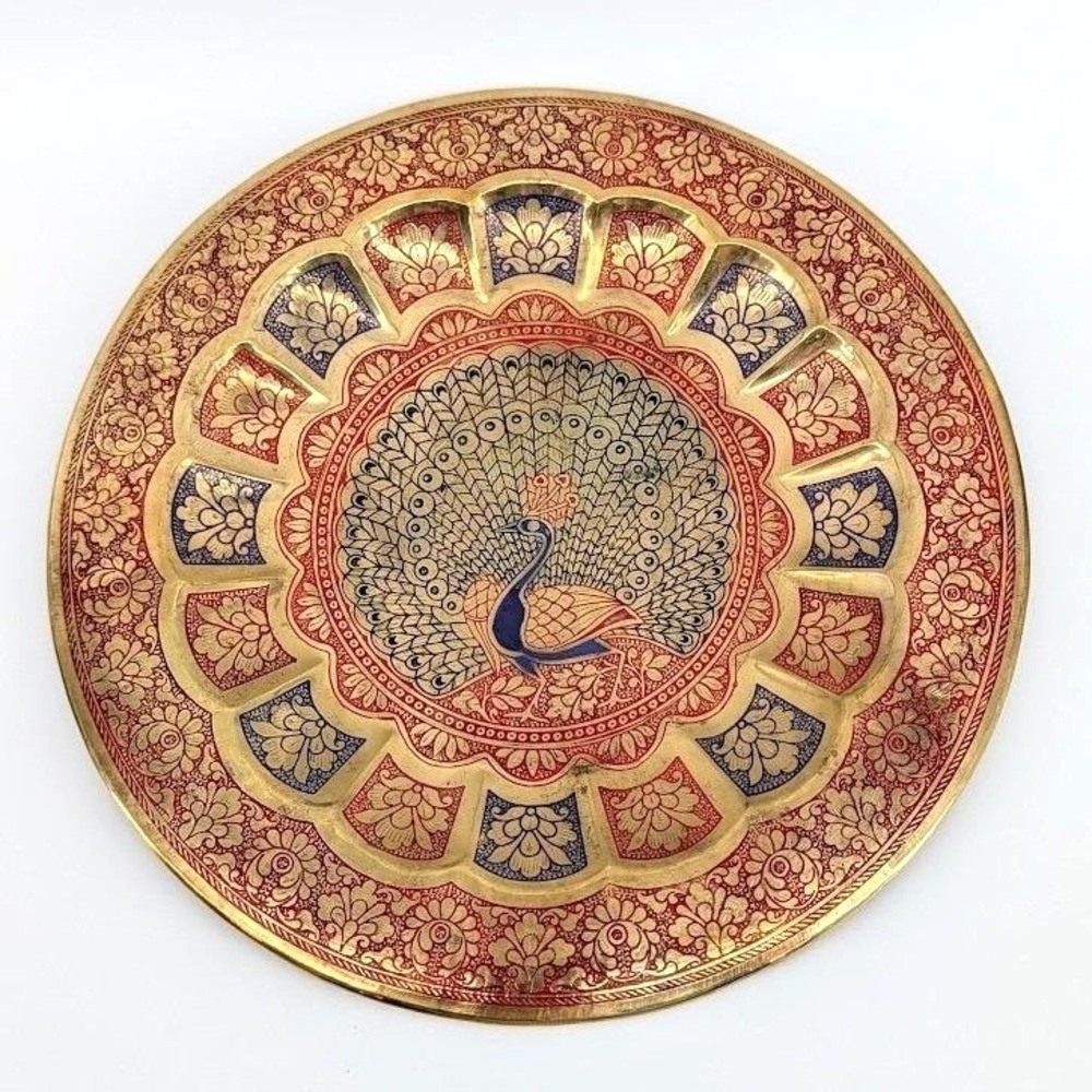 Vintage Brass Peacock Wall Plate 12" Indian Enamel Boho Decor Statement Piece‎